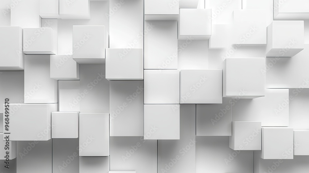 Abstract background of randomly shifted white cube boxes with geometric block patterns, modern minimalist design, ideal for banner wallpapers with copy space, perfect for digital layouts, tech-inspire Abstract background of randomly shifted white cube boxes with geometric block patterns, modern minimalist design, ideal for banner wallpapers with copy space, perfect for digital layouts, tech-inspire