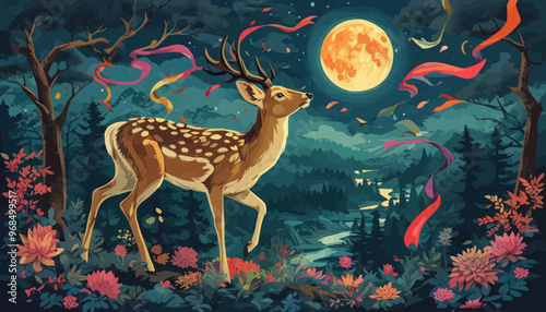 Moonlit Forest Encounter: A Deer's Midnight Sojourn