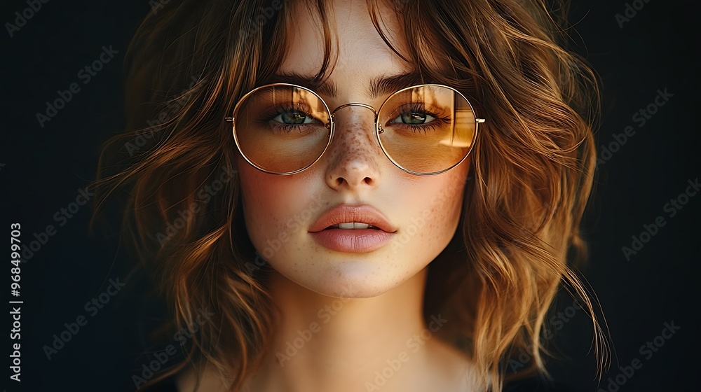 Close-up portrait of a young woman with brown hair and round sunglasses looking at the camera. Close-up portrait of a young woman with brown hair and round sunglasses looking at the camera.