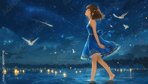Nighttime Dreamscape: A Girl in a Blue Dress Gazes at the Stars