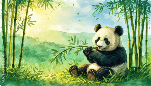 Panda Bear Relaxing in Bamboo Forest
