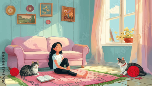 Peaceful Afternoon with Cats and Books