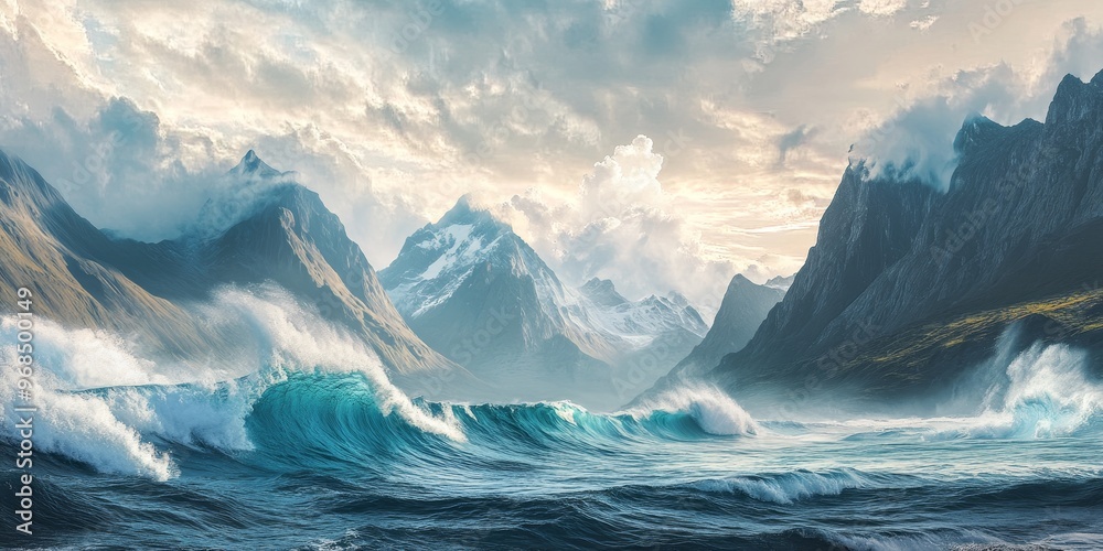 The ocean surf meets mountain landscapes, where the energy of the waves contrasts with the stillness of the towering peaks The ocean surf meets mountain landscapes, where the energy of the waves contrasts with the stillness of the towering peaks