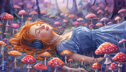 Peaceful Dreamscape with Woman Sleeping Among Mushrooms
