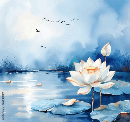 Peaceful Lotus Flower in a Blue Lily Pond