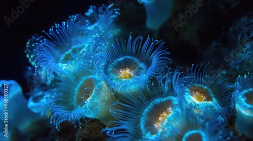 Glowing bioluminescent tube dwelling anemones