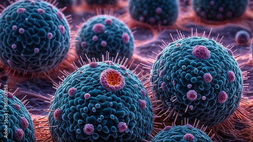 Closeup macro illustration of cancer cells in vivid detail