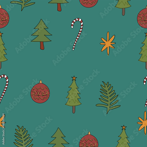 Festive Christmas seamless pattern with trees, candy canes, and ornaments on a teal background