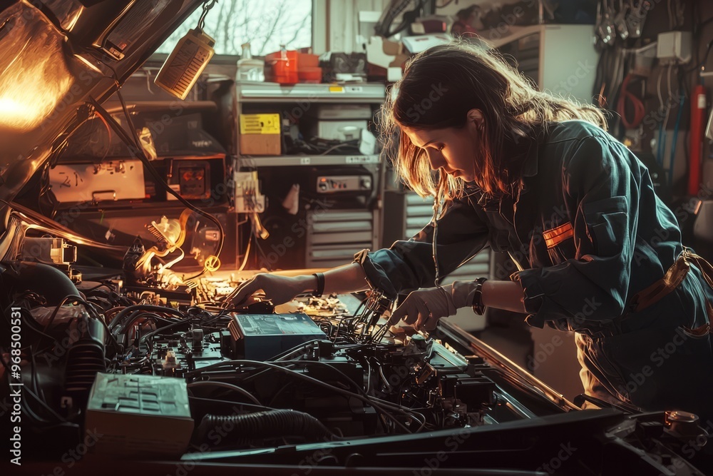 Female mechanic checking a car's battery and electrical system in a garage. Diagnostic equipment and car parts are scattered around