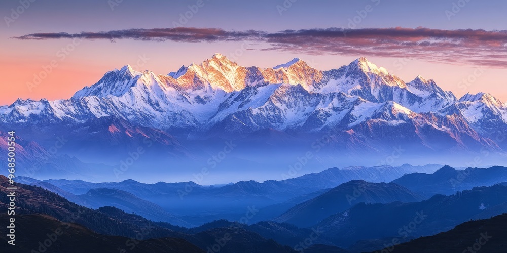 Snow-capped peaks glow under the light of sunrise, where the first rays of the sun cast a golden hue over the mountains