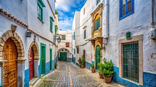 Narrow stoned street with white walls and traditional buildings in the kasbah of Tangier Morocco, architecture, town, alley, traditional buildings, medina, white walls, labyrinth, Tangier