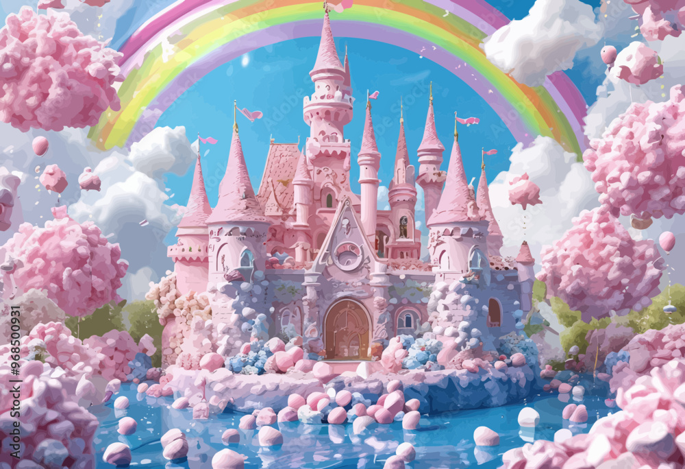 Pink Castle Fantasy: Dreamy Pink Castle with Rainbow Sky and Pink Clouds Pink Castle Fantasy: Dreamy Pink Castle with Rainbow Sky and Pink Clouds