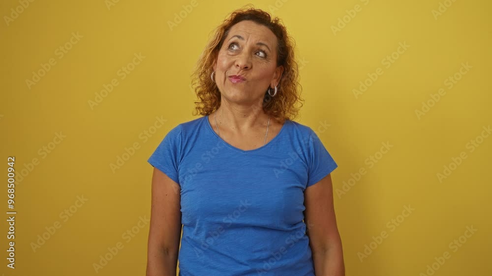 Woman wearing blue t-shirt and standing sideways, middle age hispanic smiling and thinking away over isolated yellow background Woman wearing blue t-shirt and standing sideways, middle age hispanic smiling and thinking away over isolated yellow background