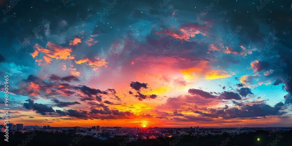 A stunning horizon sunset in the city, where the sun dips below the skyline, filling the sky with brilliant colors A stunning horizon sunset in the city, where the sun dips below the skyline, filling the sky with brilliant colors