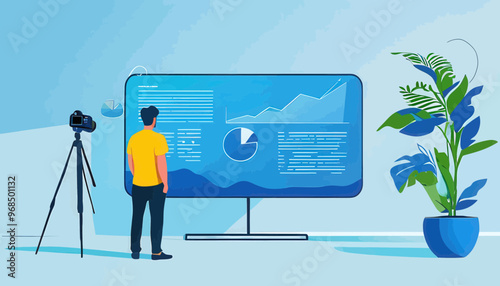 Professional Standing in Front of Large Screen with Graphs and Data