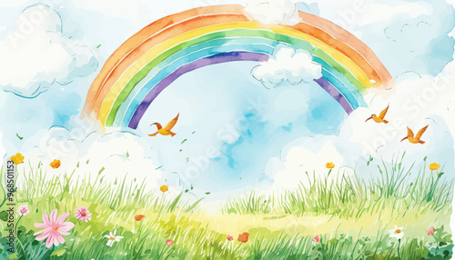 Rainbow-colored rainbow over a field of flowers and birds