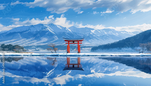 Red Torii Gate Reflection in Snowy Mountain Lake