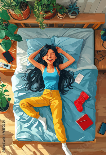 Relaxed Afternoon: A Young Woman Lying on a Bed with Yellow Pants and Blue Shirt, Smiling, and Holding Her Hands Over Her Head