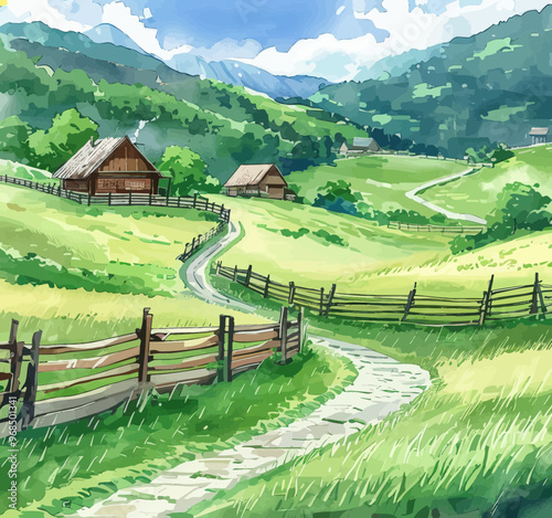 Rural Countryside Scenery with Farmhouses and Fences