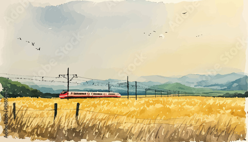 Rural Scenery with Train and Power Lines