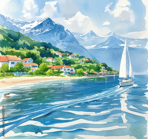 Sailboat on calm blue water, with houses and mountains in the background