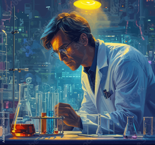 Scientist in Lab Coat and Goggles, Focused on Experiment
