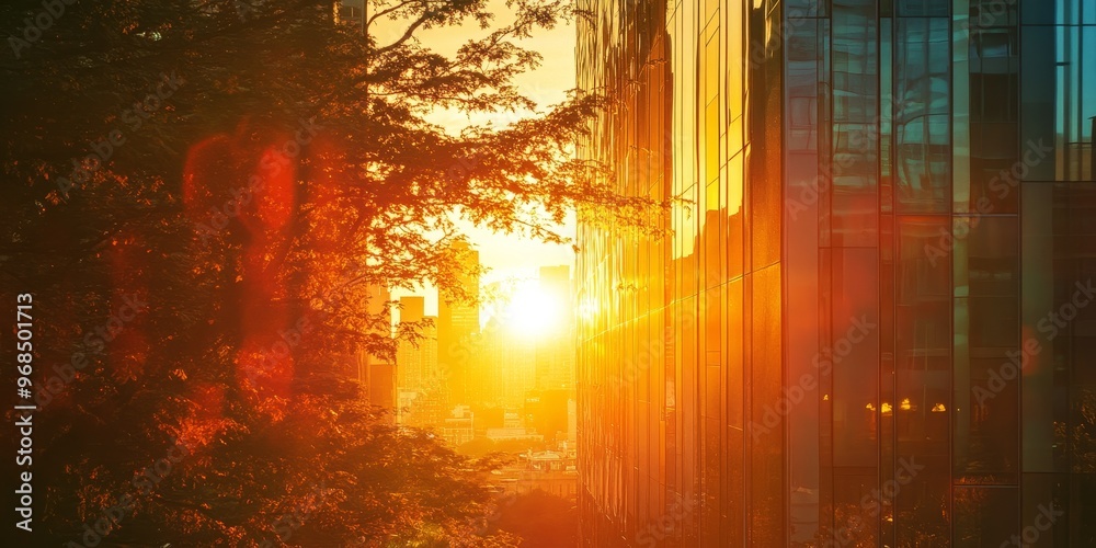 Naklejka premium sunrise reflections in an urban landscape, where the rising sun casts a warm glow on the city?s mirrored surfaces