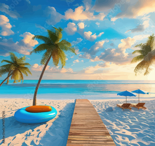 Serene Beach Scene with Palm Trees, Blue Chair, and Umbrella
