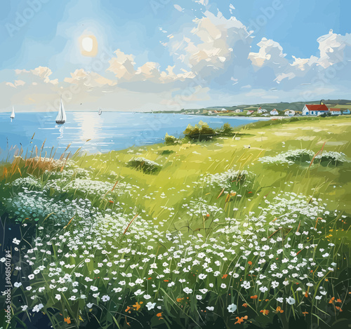 Serene Coastal Scenery with Sailboats and Wildflowers