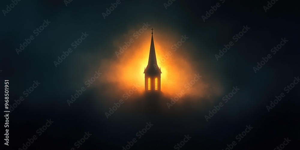 Fototapeta premium A haunting silhouette of a church steeple emerges from the dark fog, illuminated by a mysterious glowing light.