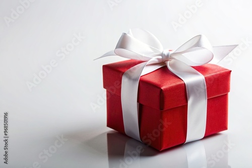 red, white background, wrapping paper, celebration, symbolic, A single red gift box with a white ribbon bow is elegantly placed on a white background creating a visually striking silhouette