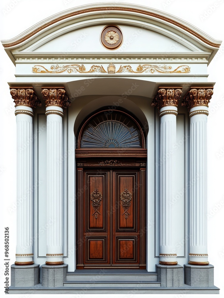 Obraz premium A majestic entrance featuring ornate columns and a richly detailed wooden door, showcasing classic architectural beauty.