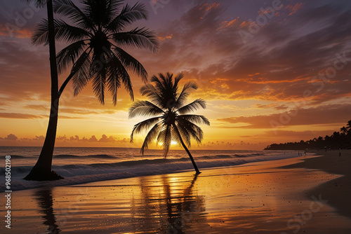 Sunset Over Tropical Beach with Palm Trees Vibrant Sky, Ocean Reflection, and Serene Ambiance