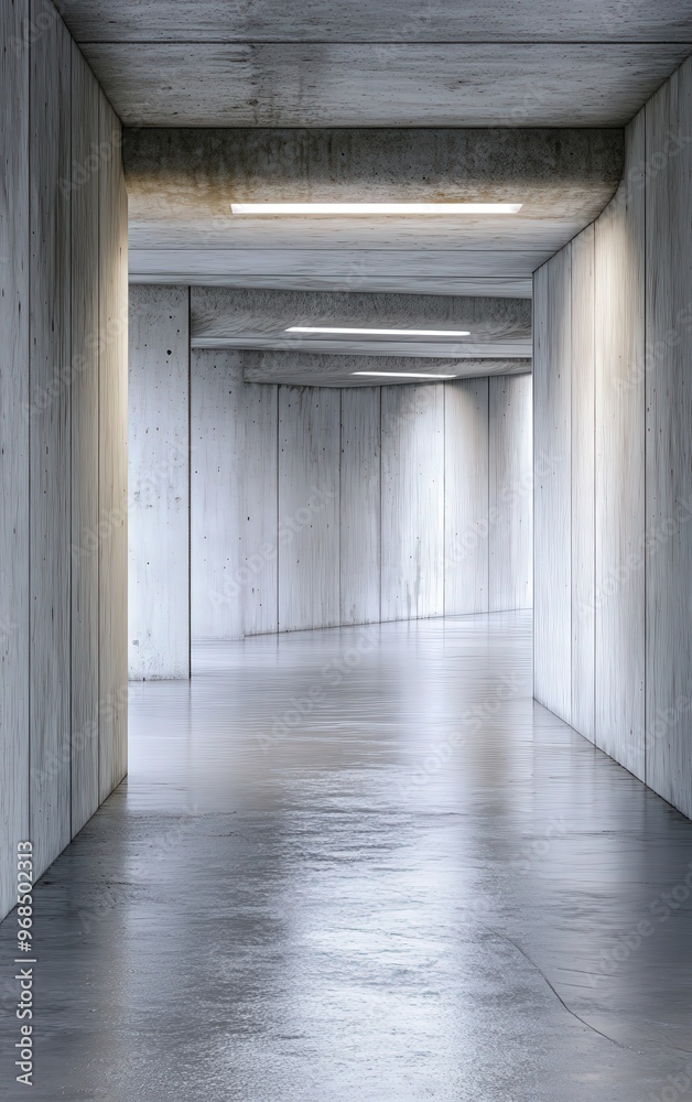 Fototapeta premium A minimalistic concrete corridor with soft lighting, creating an atmospheric and modern architectural space.