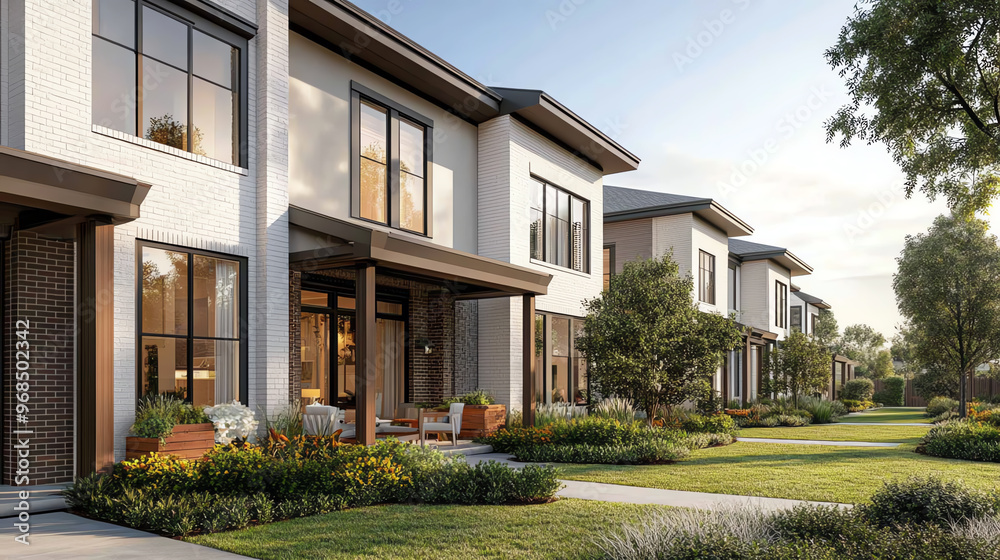 Modern residential homes with landscaped gardens and green lawns in a serene neighborhood setting, perfect for family living.
