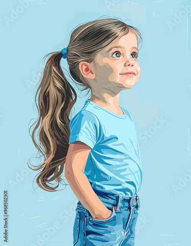 Smiling Child with Pigtails and Blue Shirt, Standing in Blue Jeans