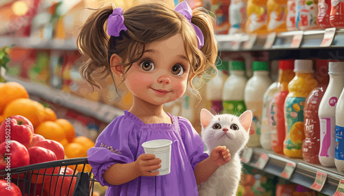 Smiling Girl with Cat in Produce Section