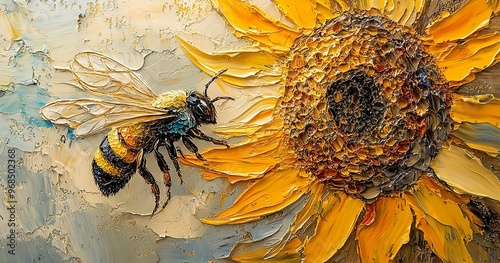 Bee Pollinating Vibrant Sunflower Thick Impasto Painting in Warm Tones photo