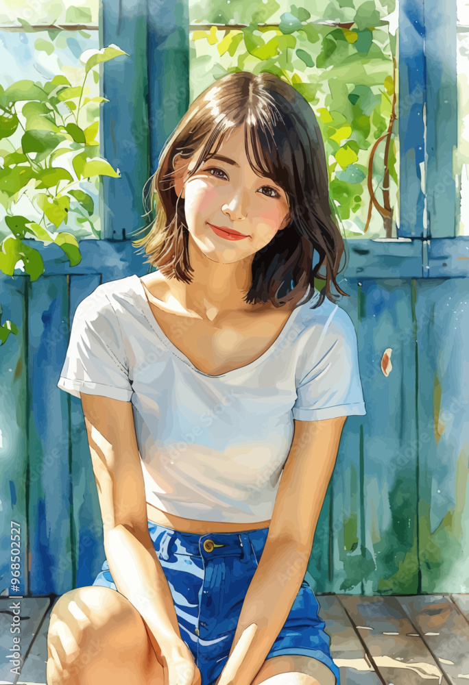 Fototapeta premium Smiling Woman in Blue Shorts and White T-Shirt, Sitting on Blue Wall with Green Plants