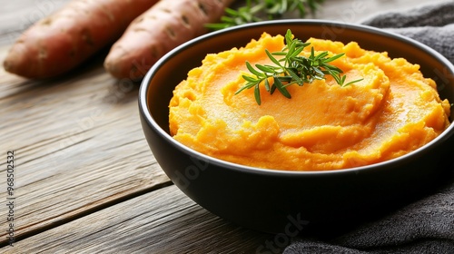 Creamy Sweet Potato Mash:  A bowl of perfectly mashed sweet potatoes, garnished with fresh rosemary, sits invitingly on a rustic wooden table.  photo