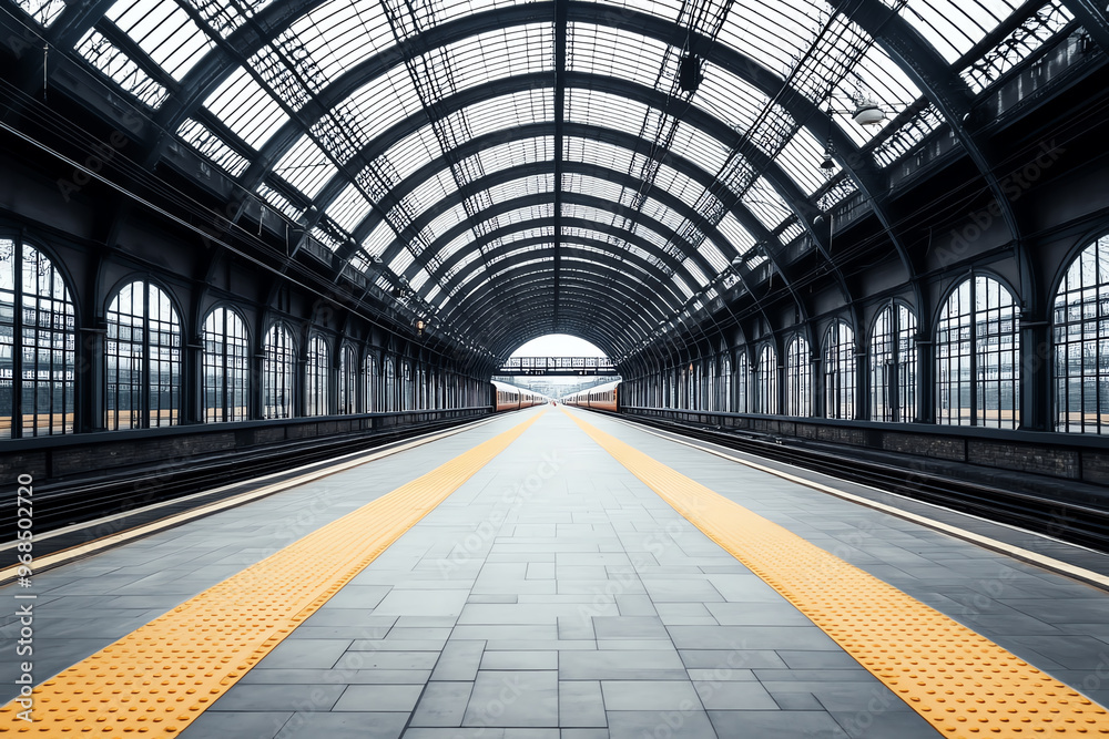 Modern train station platform featuring glass ceiling and yellow tactile paving, creating a spacious and serene atmosphere. Modern train station platform featuring glass ceiling and yellow tactile paving, creating a spacious and serene atmosphere.