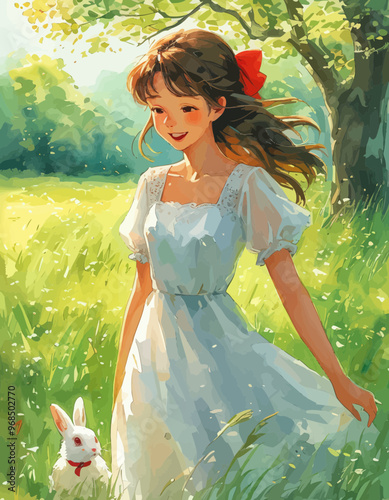 Springtime Bliss: A Young Girl and Her Bunny Companion in a Field of Flowers