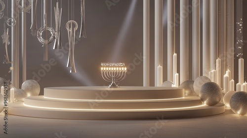 A minimalist 3D podium with Hebrew text softly glowing on its surface, surrounded by a menorah and other holiday decorations representing Jewish traditions photo