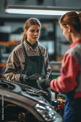 Female mechanic explaining a repair procedure to a trainee in the workshop. They are surrounded by cars and tools