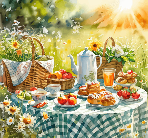Summer Picnic Table Setting with Fresh Fruit, Pastries, and Tea