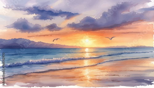 Sunset at the Beach: Silhouette of Birds Against the Sky