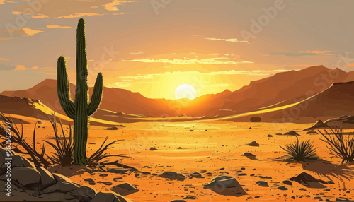 Sunset in the Desert: Silhouette of a Cactus Against a Glowing Sun