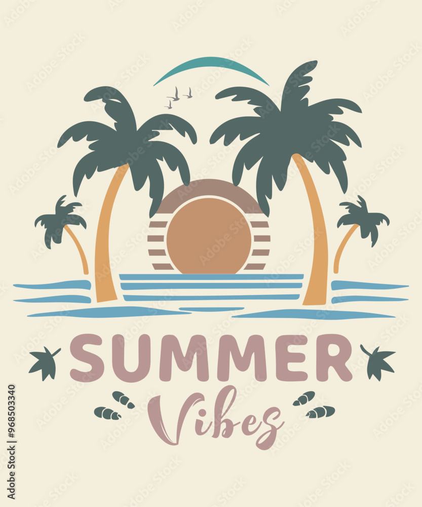 Obraz premium palm tree beach sunset, Long beach, summer vibes hand draw, summer beach slogan with beach illustration, Hawaii, Aloha surf typography for t-shirt print , vector print,
