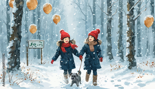 Two girls enjoying a snowy walk with their dog