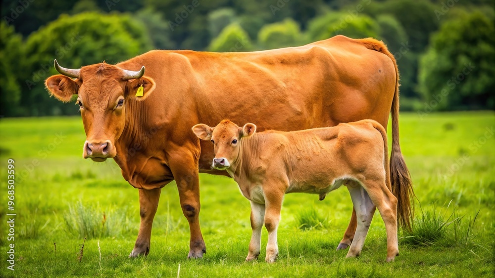 tilted angle, peaceful, meadow, calf,brown cow, A brown cow and its calf are peacefully grazing in a meadow captured from a tilted angle tilted angle, peaceful, meadow, calf,brown cow, A brown cow and its calf are peacefully grazing in a meadow captured from a tilted angle